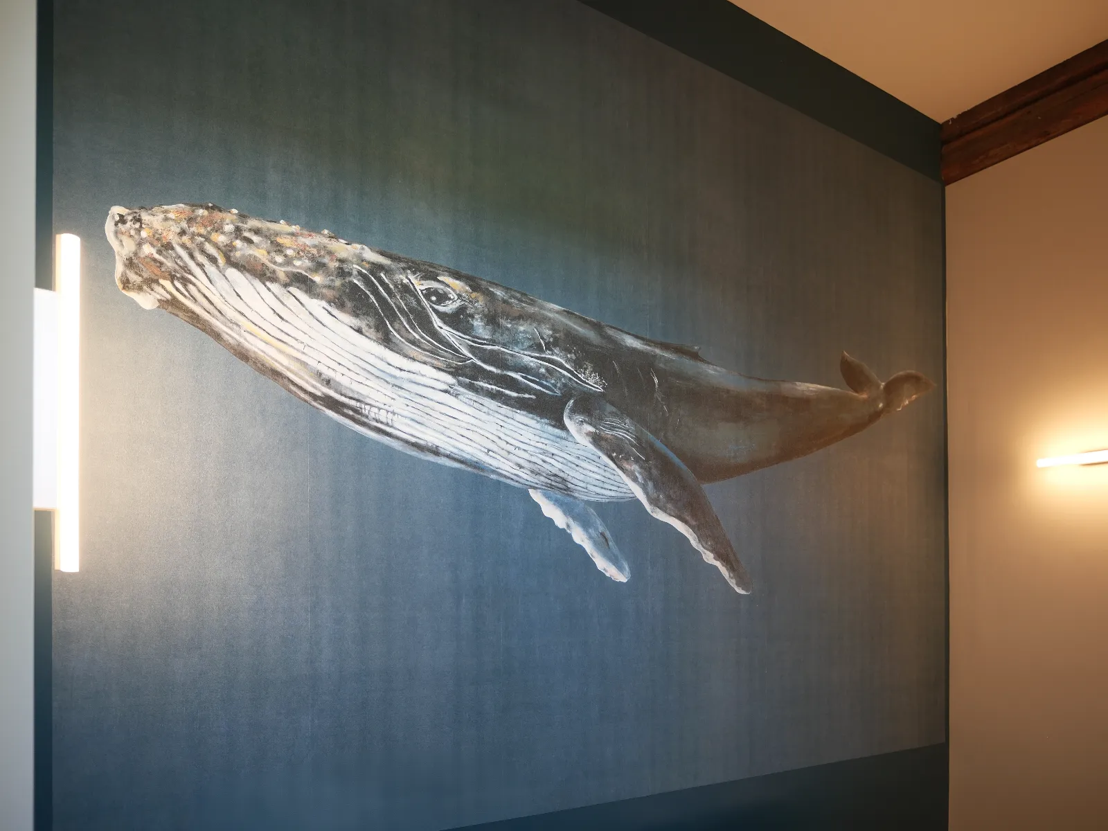 Wandbild eines Wals im Hygienebereich